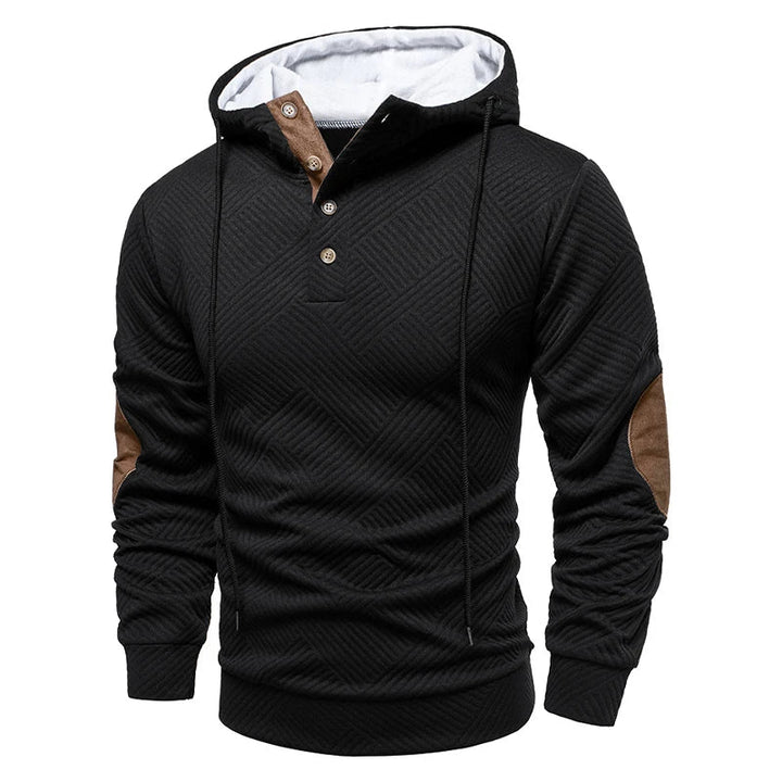 Men's textured geometric hoodie with drawstring hood and contrasting elbow panels