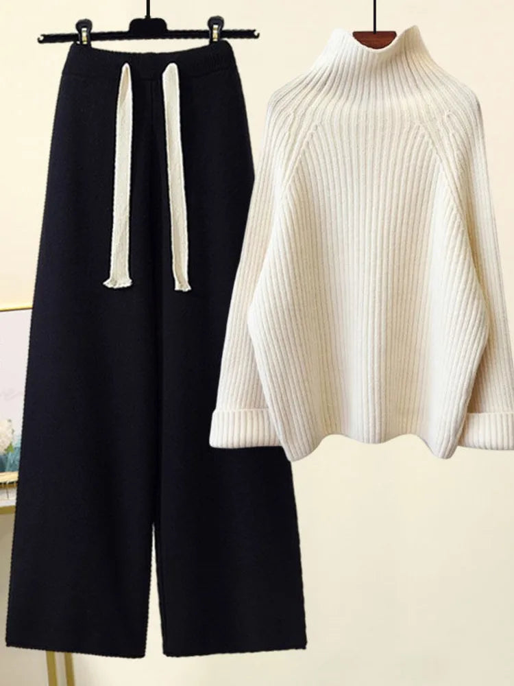 Women's ribbed jumper and wide-leg drawstring trousers set