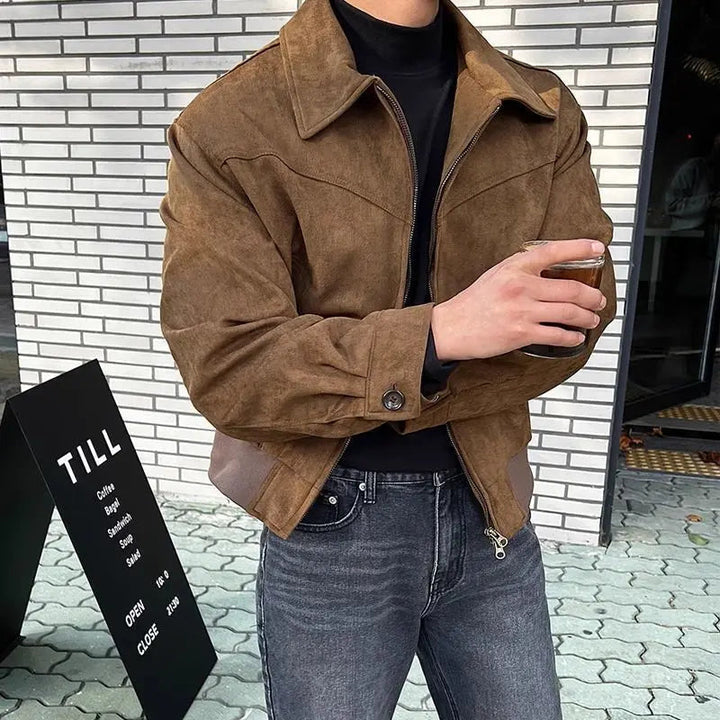 Men's collared zip jacket shown in black and brown with long sleeves and front pockets