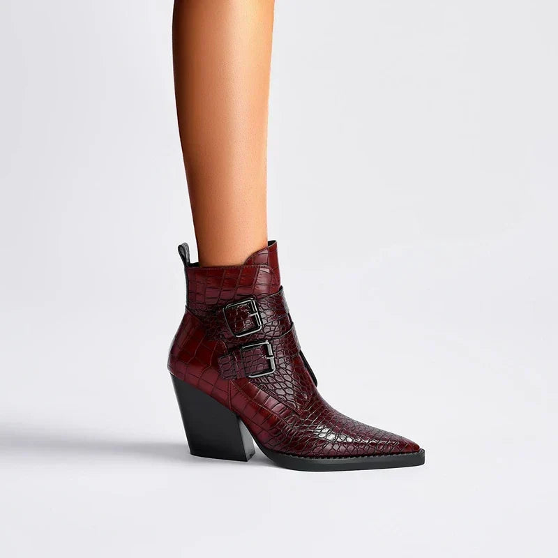 Women's pointed toe ankle boots with two buckle straps and block heel