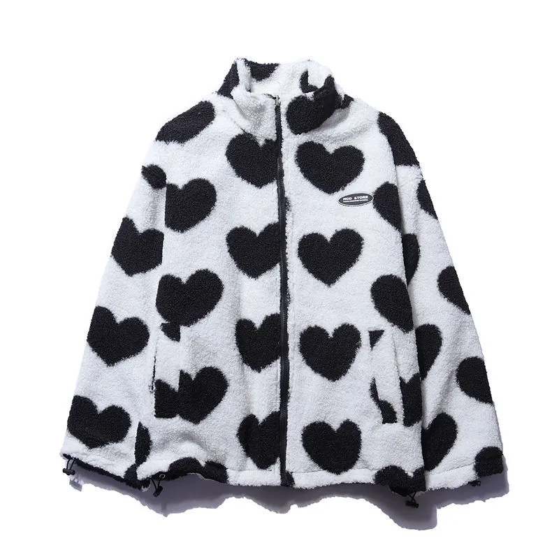 Reversible hooded coat with heart-print fleece-look lining