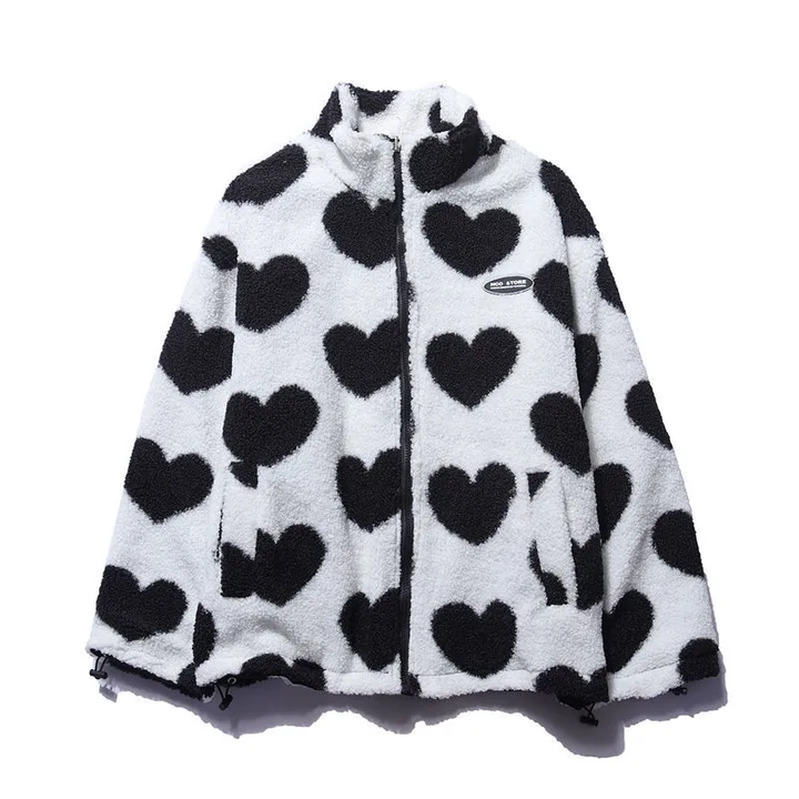 Reversible hooded coat with heart-print fleece-look lining