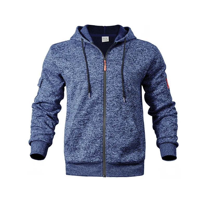 Men's textured fleece hooded jacket with full zip, front pockets and sleeve zip pocket