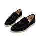 Women's black and grey loafers with pointed toe and cream contrast sole