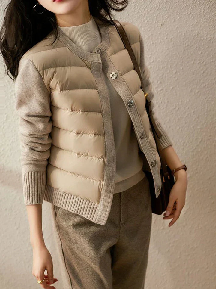 Women's padded panel jacket with long sleeves, round neck and button front