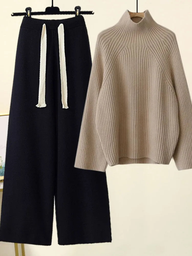 Women's ribbed jumper and wide-leg drawstring trousers set