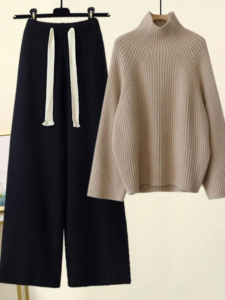 Women's ribbed jumper and wide-leg drawstring trousers set