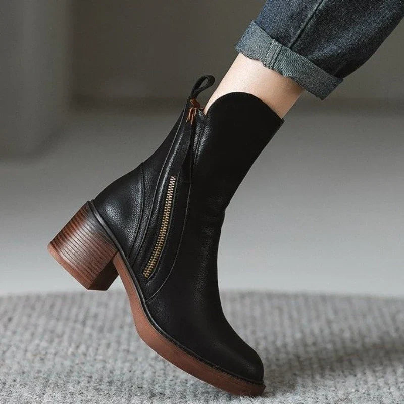 Women's ankle boots with side zippers and low block heels