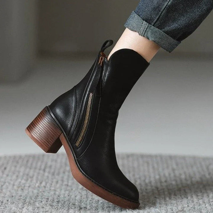 Women's ankle boots with side zippers and low block heels