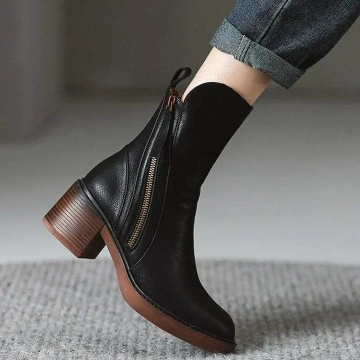 Women's ankle boots with side zippers and mid block heels