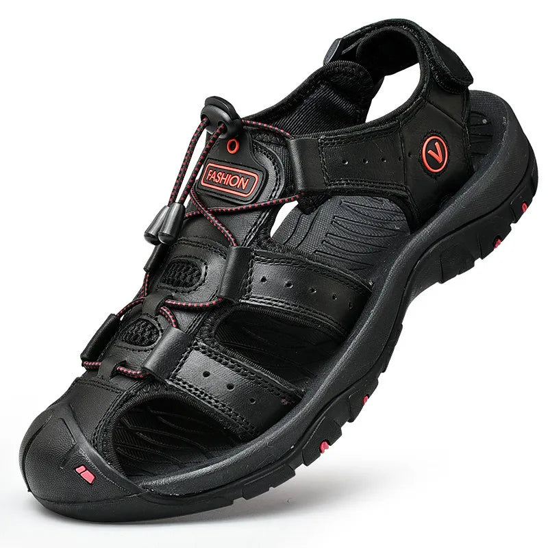 Men's brown closed-toe hiking sandals with adjustable straps and grip sole