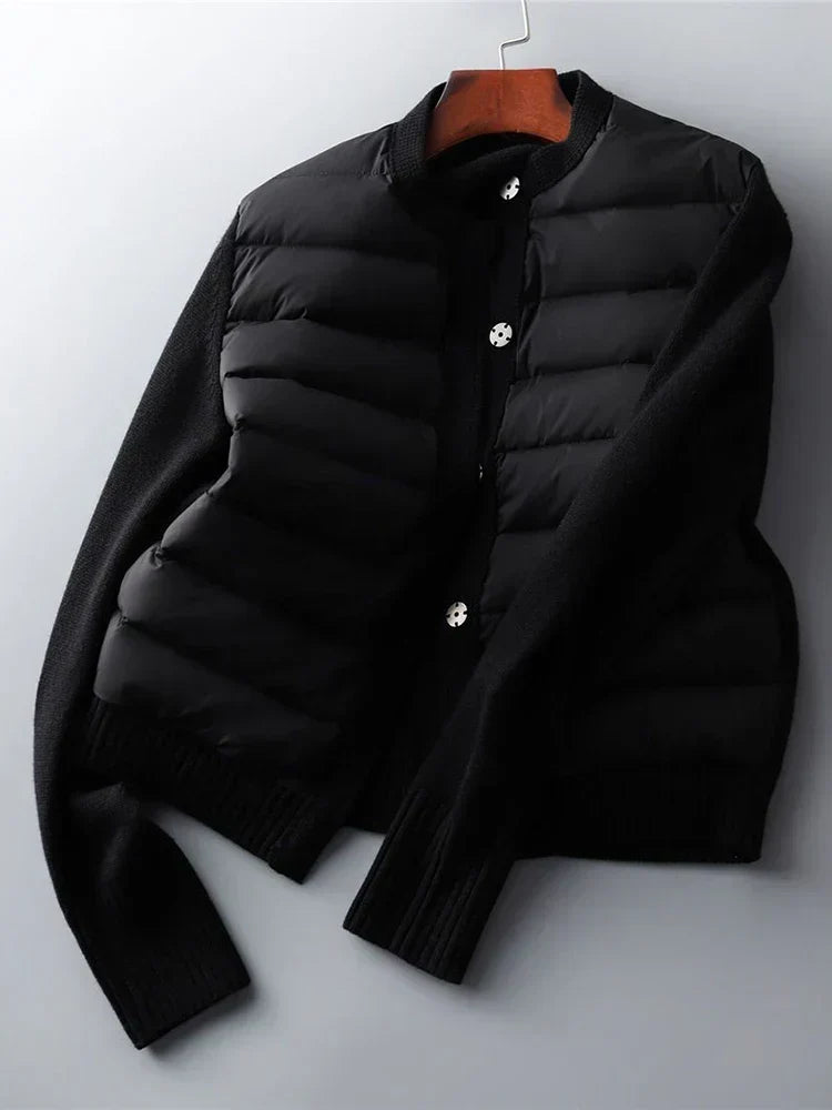 Women's padded panel jacket with long sleeves, round neck and button front