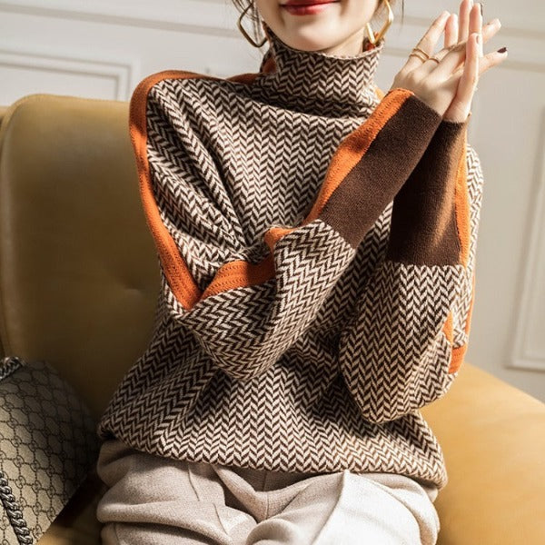 Women's herringbone turtleneck jumper with contrast sleeve trim