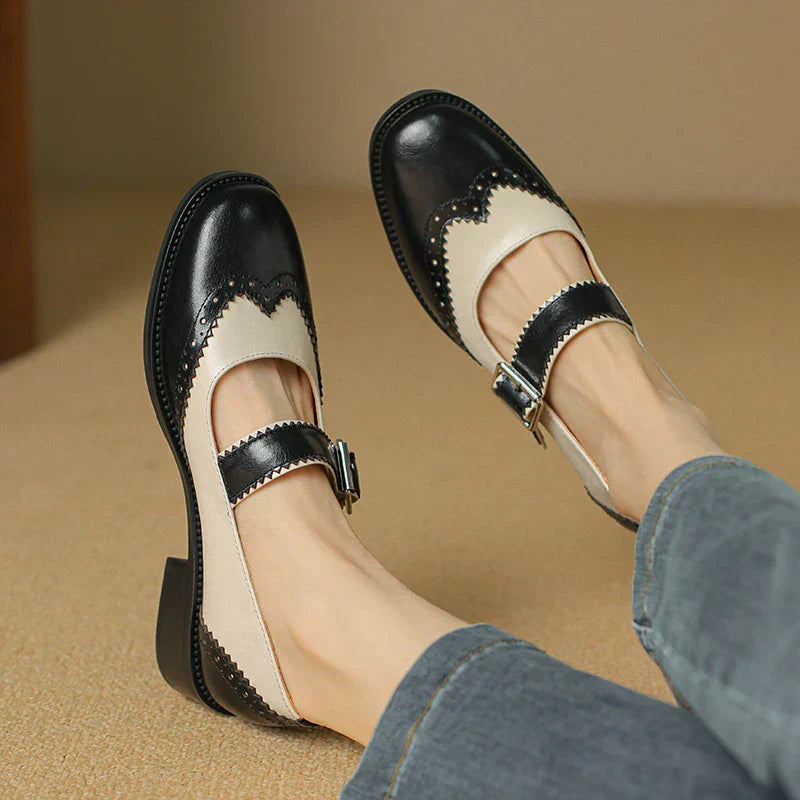 Harlow | Women's Two-Tone Leather Mary Jane Shoes Brogue T-Strap