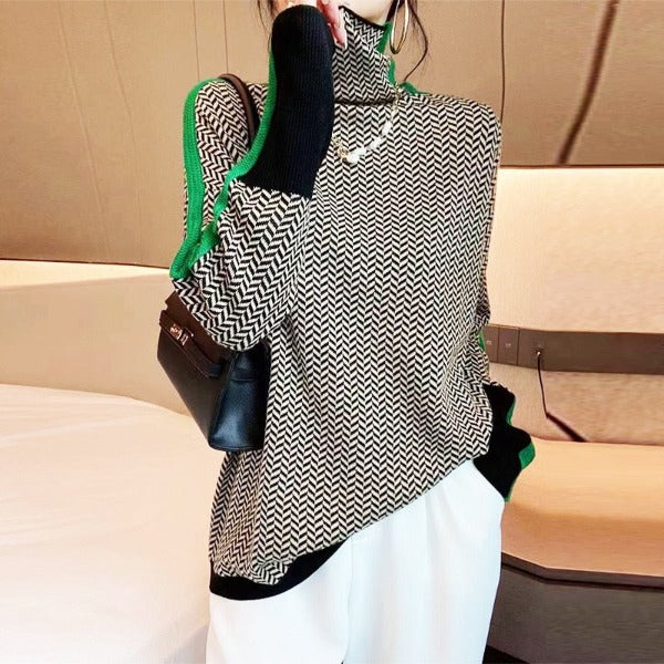 Women's herringbone turtleneck jumper with contrasting sleeve trim