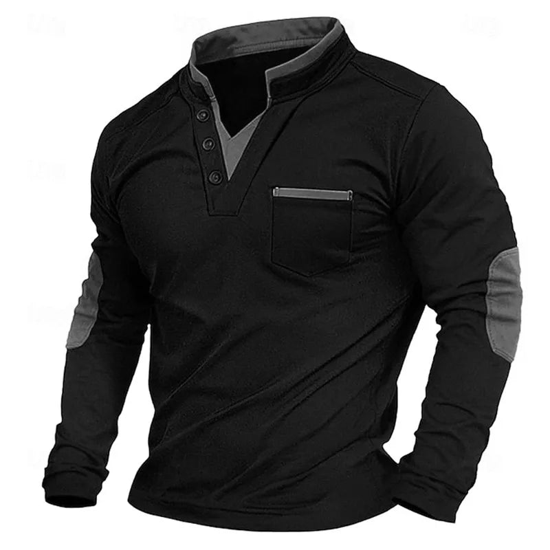 Men's black V-neck sweatshirt with stand collar and contrasting elbow patches