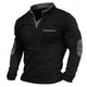 Men's black V-neck sweatshirt with stand collar and contrasting elbow patches