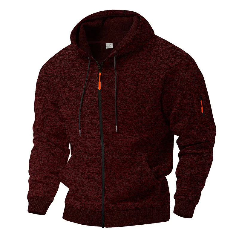 Men's textured fleece hooded jacket with full zip, front pockets and sleeve zip pocket