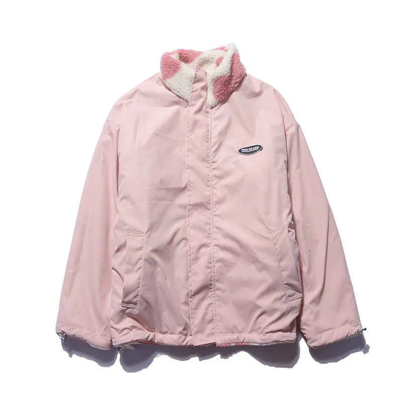 Reversible hooded coat with heart-print fleece-look lining