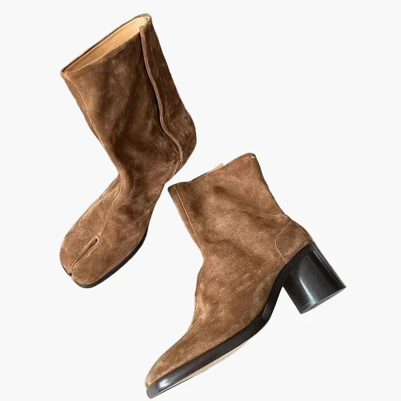 Women's Tabi mid-calf boots with split toes and block heels