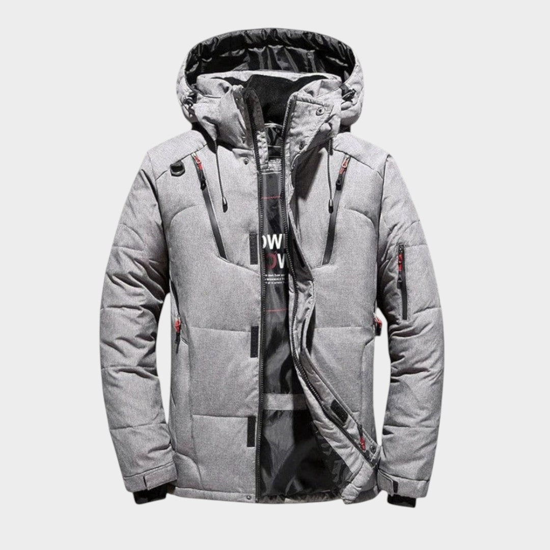 Men's hooded quilted jacket with zip front, long sleeves and multiple pockets