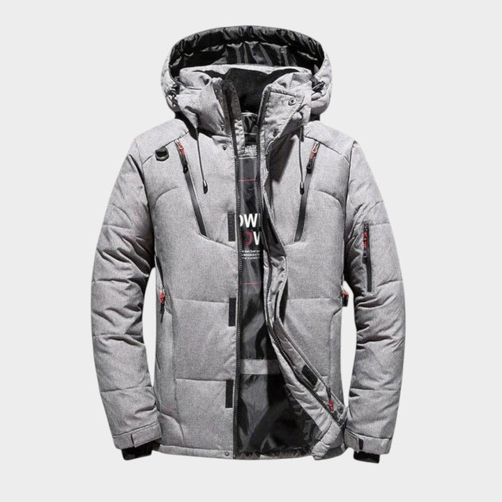 Men's hooded quilted jacket with zip front, long sleeves and multiple pockets