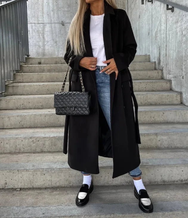 Women's long belted double-breasted trench coat with lapels