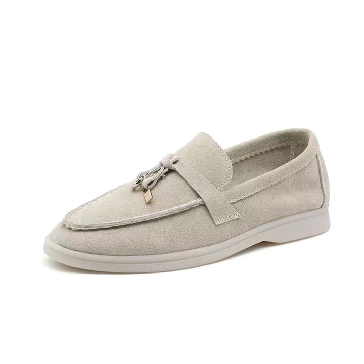 Women's black and grey loafers with pointed toe and cream contrast sole
