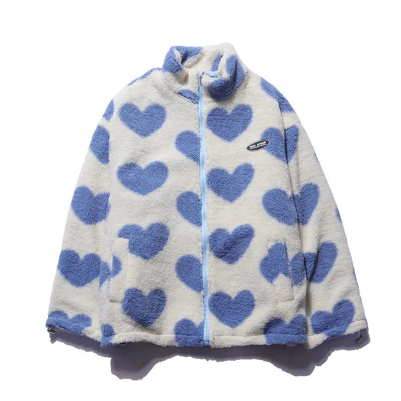 Reversible hooded coat with heart-print fleece-look lining