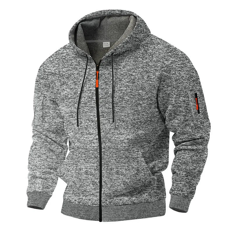 Men's textured fleece hooded jacket with full zip, front pockets and sleeve zip pocket