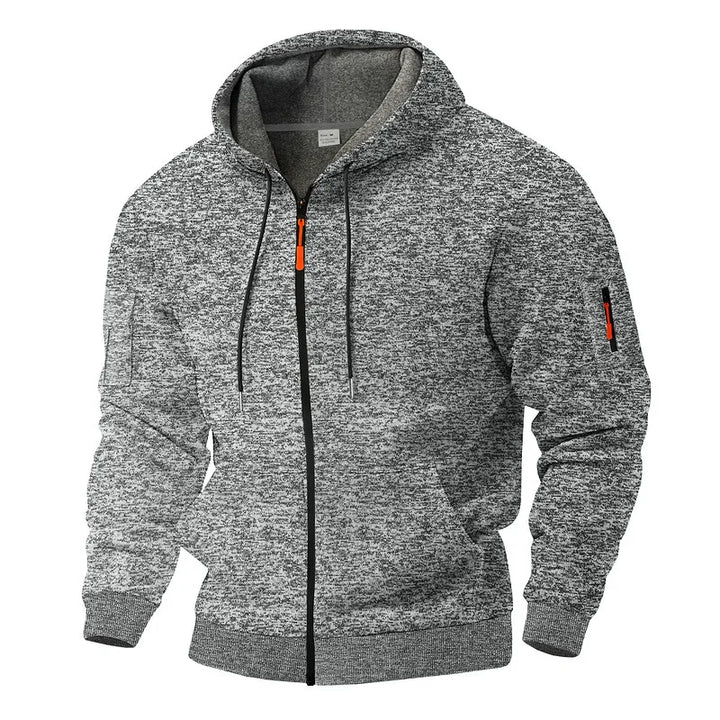 Men's textured fleece hooded jacket with full zip, front pockets and sleeve zip pocket