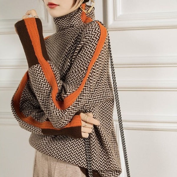 Women's herringbone turtleneck jumper with contrast sleeve trim