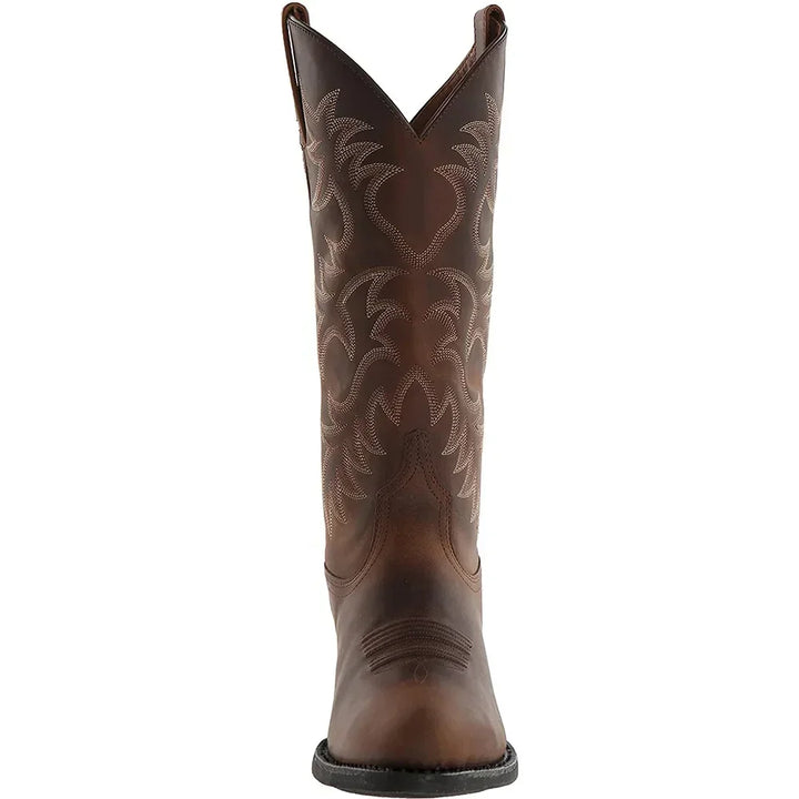 Men's tall cowboy boots with embroidered shaft detailing and low heels