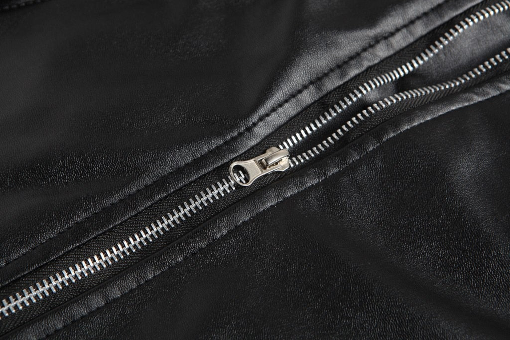 Men's biker jacket with asymmetric zip, lapel collar, zipped pockets and belted waist
