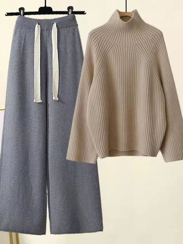 Women's ribbed jumper and wide-leg drawstring trousers set