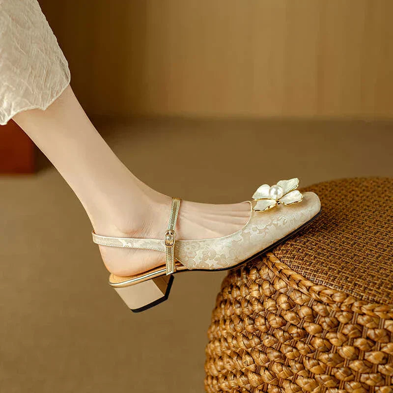 Isabeau | Women's Floral Mary Jane Pumps Block Heel Jacquard Strap