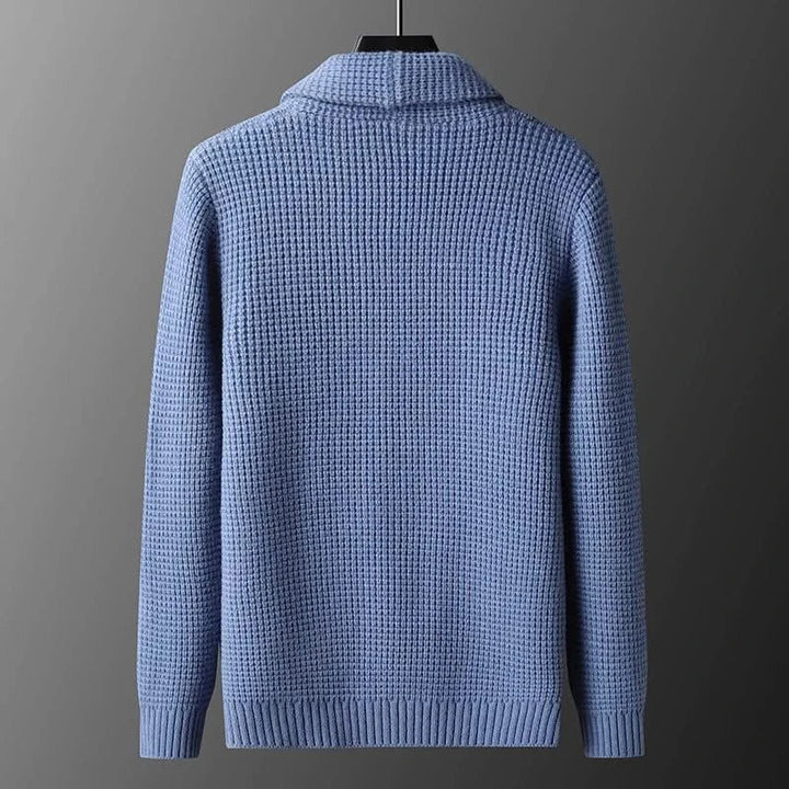 Men's textured knit cardigan with shawl collar, buttons and patch pockets