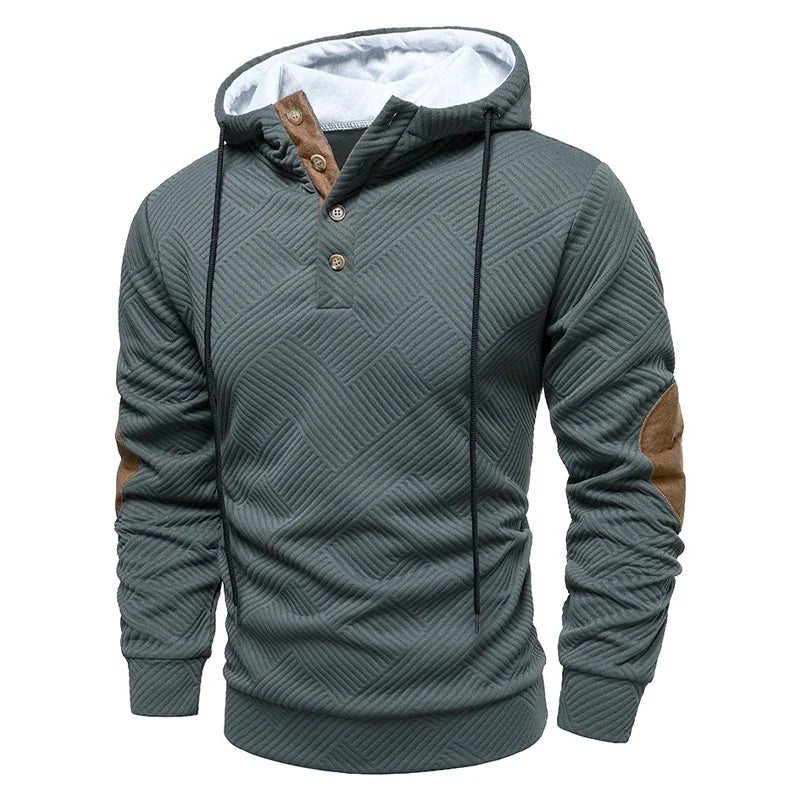 Men's textured geometric hoodie with drawstring hood and contrasting elbow panels