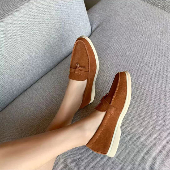 Women's black and grey loafers with pointed toe and cream contrast sole