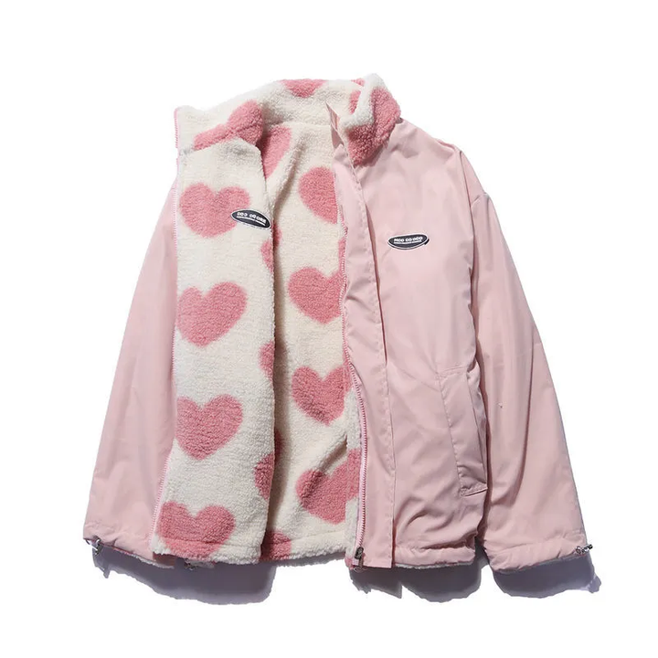 Reversible hooded coat with heart-print fleece-look lining