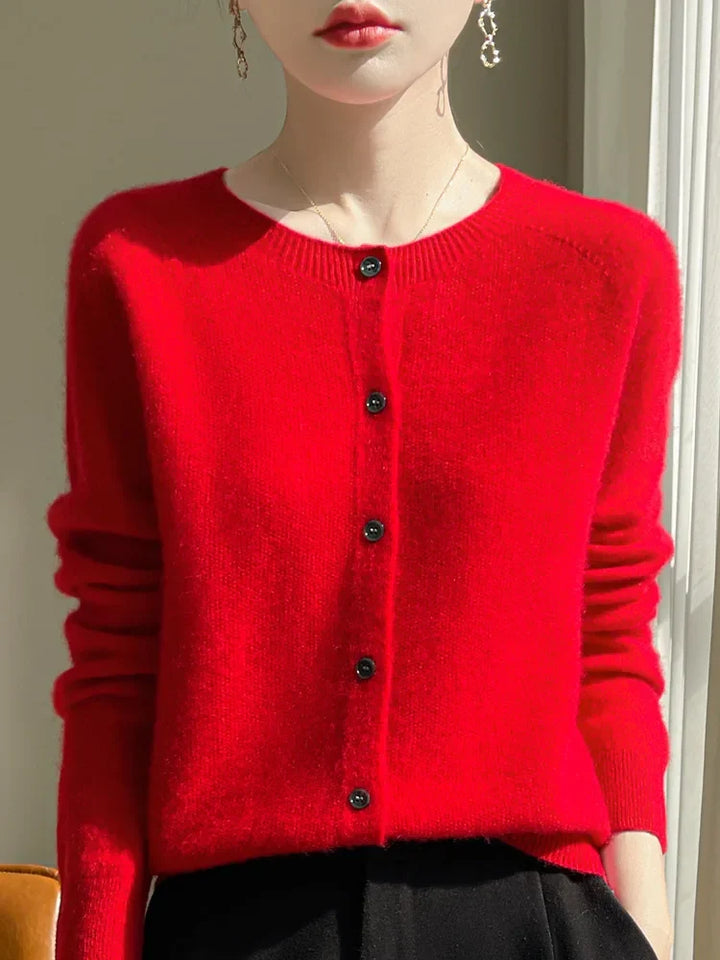 Women's knitted button-front cardigan with round neck and long sleeves
