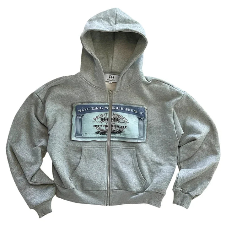 Women's grey graphic zip-up hoodie with front pockets