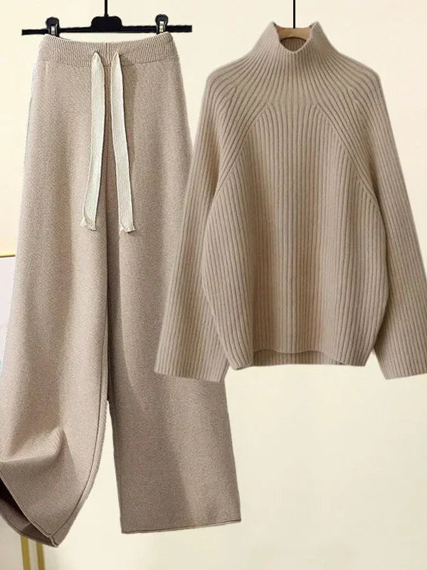 Women's ribbed jumper and wide-leg drawstring trousers set