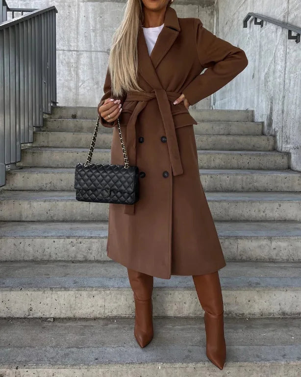 Women's long belted double-breasted trench coat with lapels