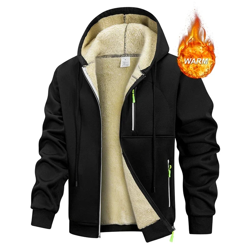 Men's hooded zip jacket with fleece-style lining and zipped pockets