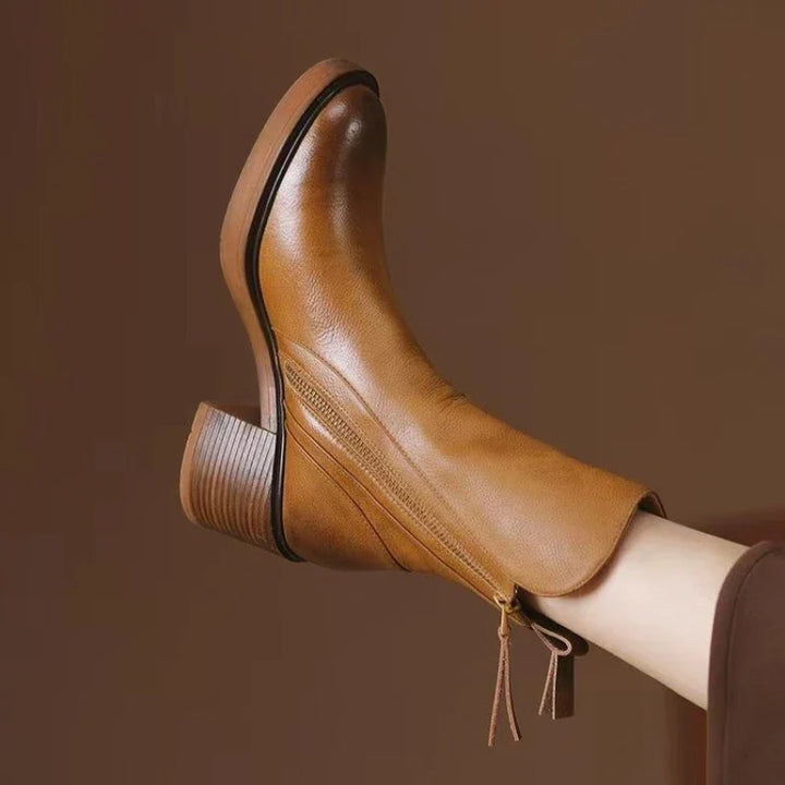 Women's ankle boots with side zippers and low block heels