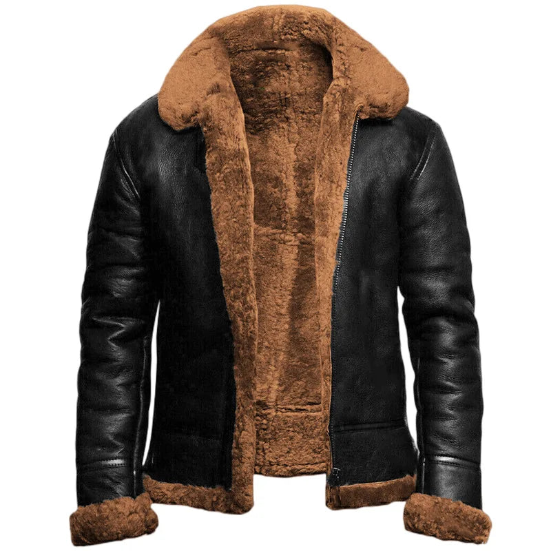 Hooded leather coat with textured lining and zip front