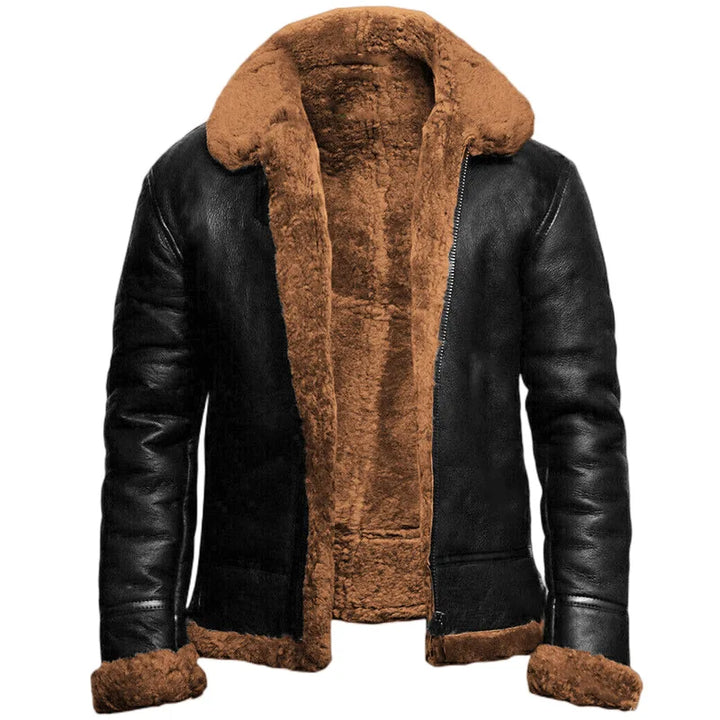 Hooded leather coat with textured lining and zip front