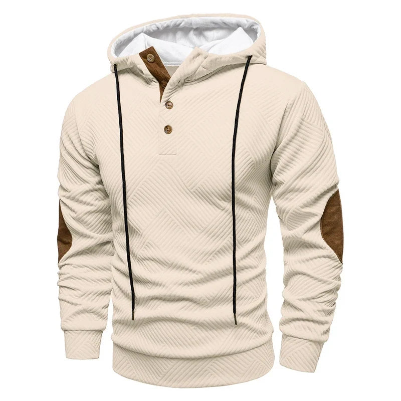 Men's textured geometric hoodie with drawstring hood and contrasting elbow panels