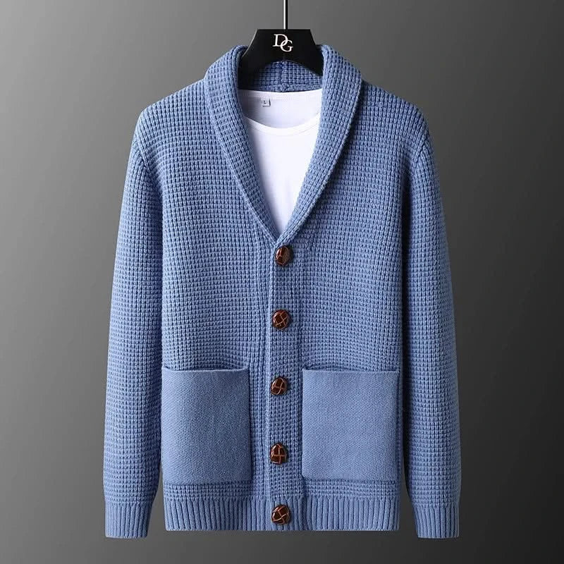 Men's textured knit cardigan with shawl collar, buttons and patch pockets